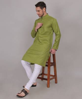 Green self weaving cotton straight kurta 5