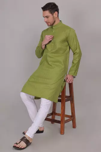 Green self weaving cotton straight kurta