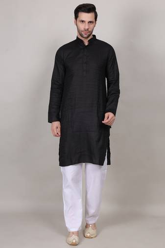 Black self weaving cotton straight kurta