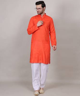 Saffron self weaving cotton straight kurta 1