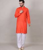 Saffron self weaving cotton straight kurta