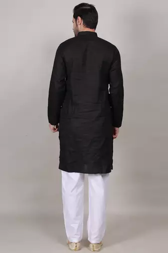 Black self weaving cotton straight kurta