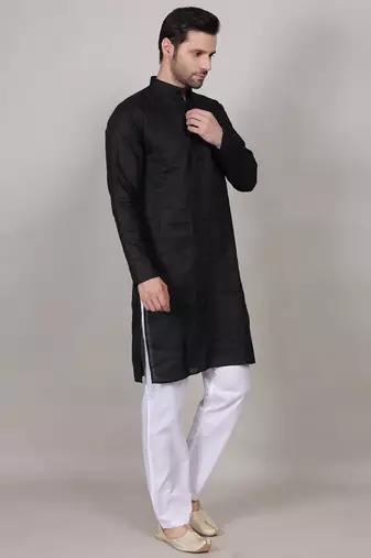 Black self weaving cotton straight kurta