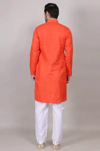 Saffron self weaving cotton straight kurta