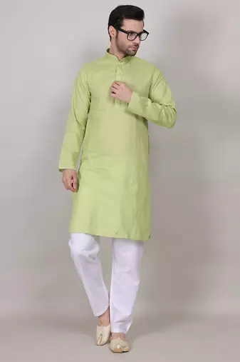 Green self weaving cotton straight kurta