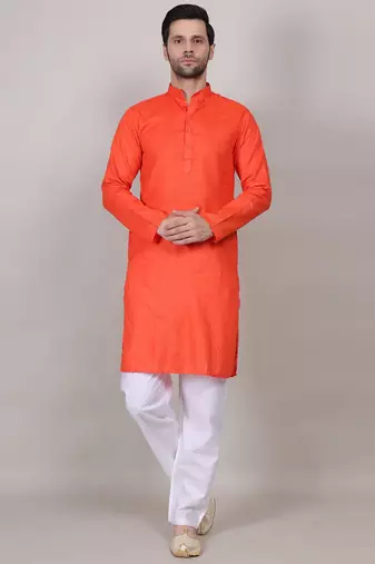Saffron self weaving cotton straight kurta