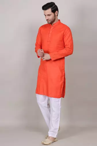 Saffron self weaving cotton straight kurta