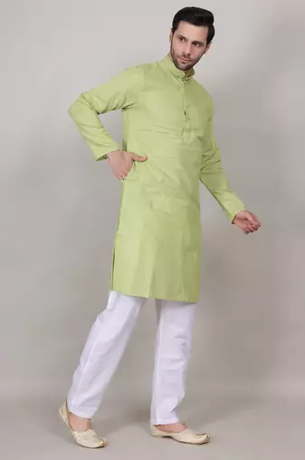 Green self weaving cotton straight kurta