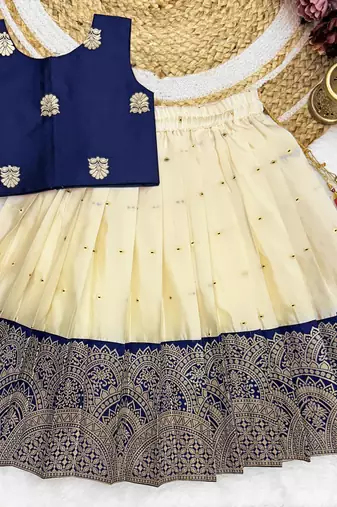 Baby Girls Readymade South Indian Pattu Pavadai Blue Lehenga Choli Set For Kids