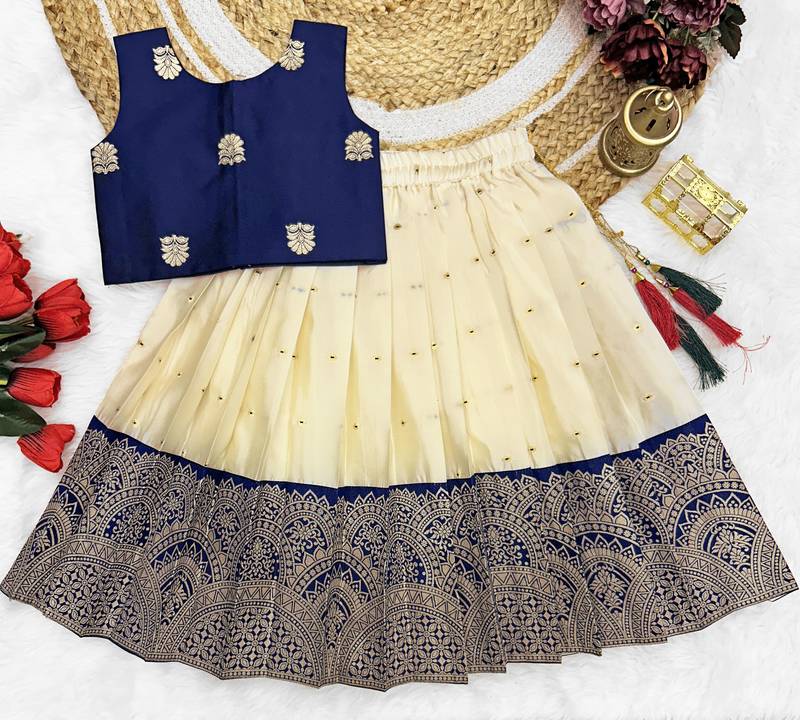 Baby Girls Readymade South Indian Pattu Pavadai Blue Lehenga Choli Set For Kids