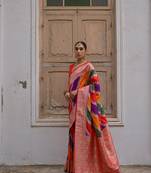 Red banarasi silk blend weaving saree with zari woven fancy tassels