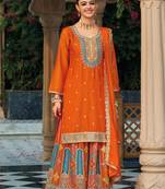 Orange Embroidered silk stitched Palazzo suit(free size)