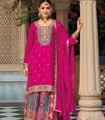 Pink Embroidered silk stitched Palazzo suit(free size)