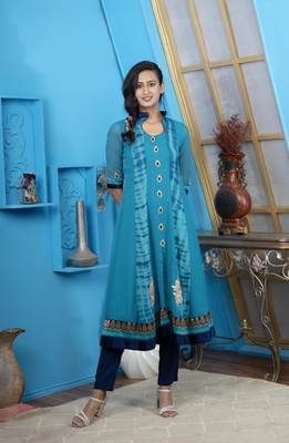 Blue georgette embroidered a line kurta & 1