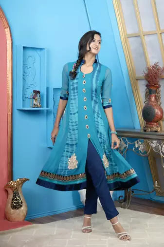 Blue georgette embroidered a line kurta &