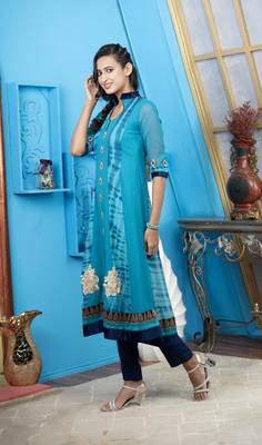 Blue georgette embroidered a line kurta & 3