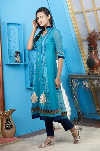 Blue georgette embroidered a line kurta &