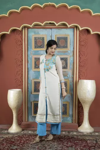 Cream georgette embroidered straight cut kurta &