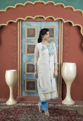 Cream georgette embroidered straight cut kurta & 3
