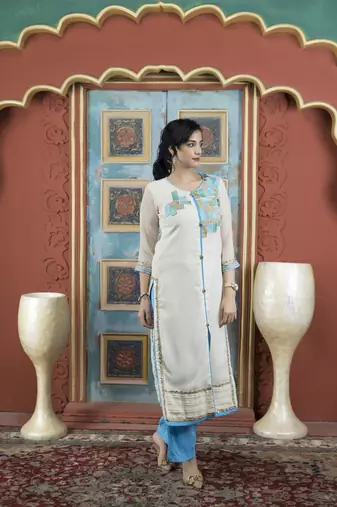 Cream georgette embroidered straight cut kurta &