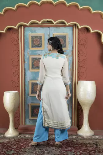 Cream georgette embroidered straight cut kurta &