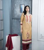 Beige cotton embroidered straight cut kurta &