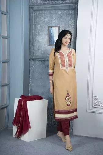 Beige cotton embroidered straight cut kurta &