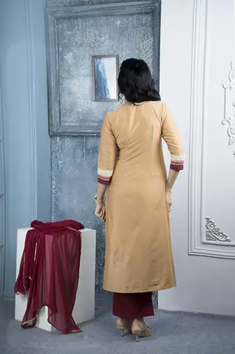 Beige cotton embroidered straight cut kurta &