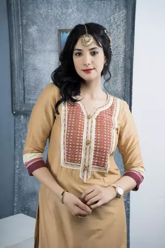 Beige cotton embroidered straight cut kurta &