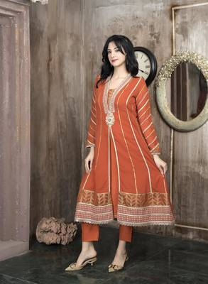 Orange georgette embroidered a line kurta & 2