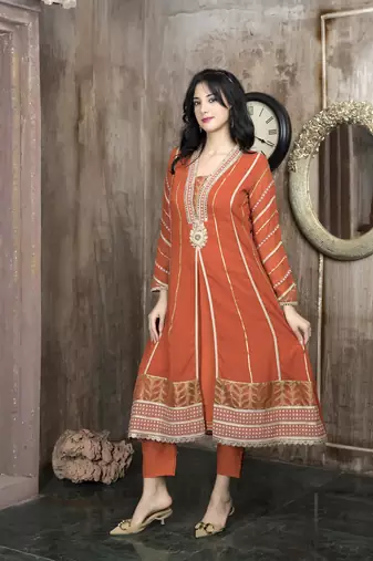 Orange georgette embroidered a line kurta &