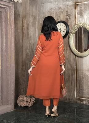 Orange georgette embroidered a line kurta & 4
