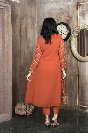 Orange georgette embroidered a line kurta &