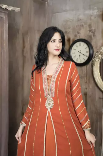 Orange georgette embroidered a line kurta &