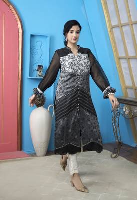 Black chanderi embroidered a line kurta & 1