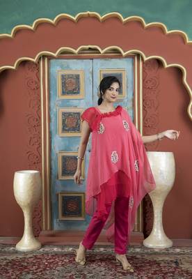 Light-pink georgette embroidered asymmetrical kurta & 1