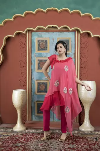 Light-pink georgette embroidered asymmetrical kurta &