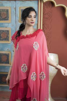 Light-pink georgette embroidered asymmetrical kurta & 5