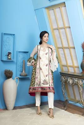 Cream georgette embroidered a line kurta & 3