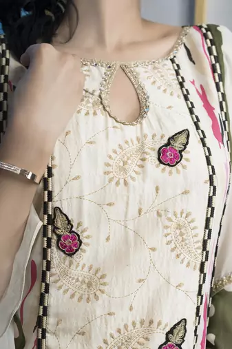 Cream georgette embroidered a line kurta &