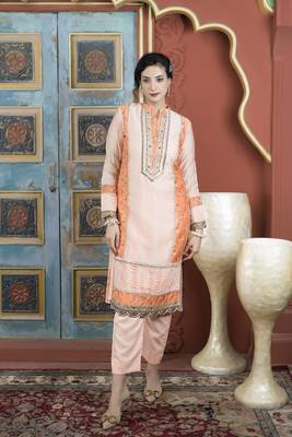 Light-peach chanderi embroidered straight cut kurta & 1