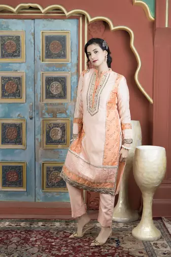 Light-peach chanderi embroidered straight cut kurta &