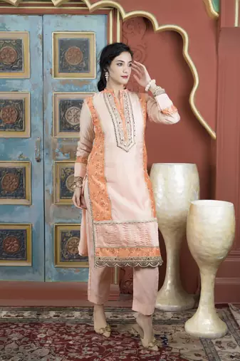 Light-peach chanderi embroidered straight cut kurta &
