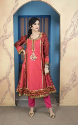 Light-pink chanderi embroidered a line kurta & 1