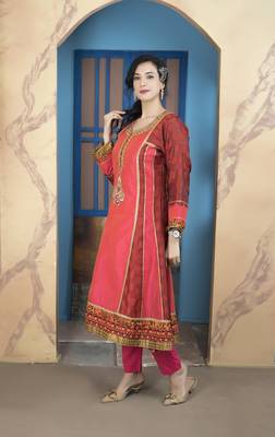 Light-pink chanderi embroidered a line kurta & 2