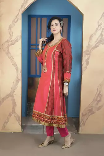 Light-pink chanderi embroidered a line kurta &