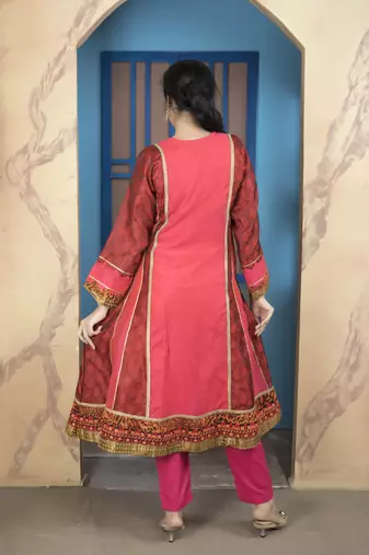 Light-pink chanderi embroidered a line kurta &
