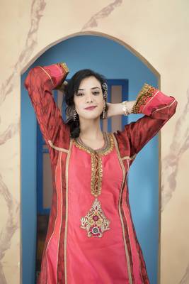 Light-pink chanderi embroidered a line kurta & 5