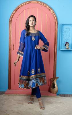 Royal-blue georgette embroidered anarkali kurta & 1