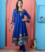 Royal-blue georgette embroidered anarkali kurta &